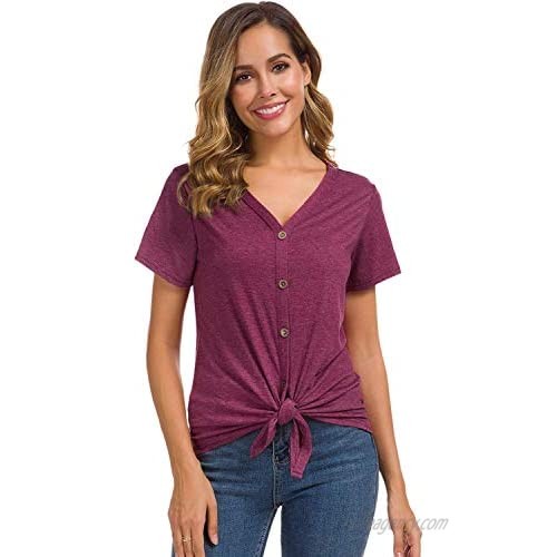 Women's Short Sleeve Tops Tie Knot Button Down Henley Shirts Summer Casual Tunic Tee Blouse