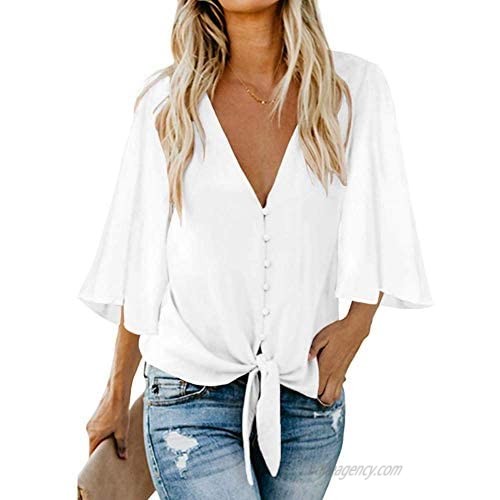 Women's Tops Ruffle Sleeve Tie Knot Blouses Button Down Shirts