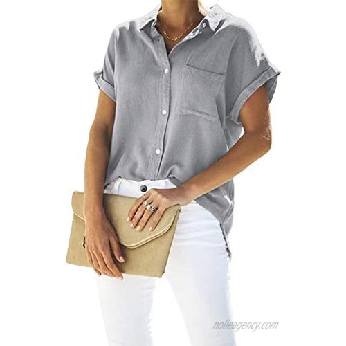 Womens V Neck Shirts Loose Blouse Short Sleeve Button Down Casual Work Tops with Pockets
