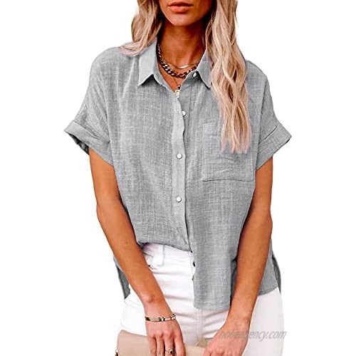 Womens V Neck Shirts Loose Blouse Short Sleeve Button Down Casual Work Tops with Pockets