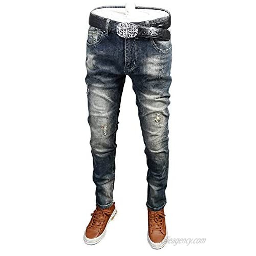 beidi Eitwo Men's Ripped Skinny Stretch Slim Fit Distressed StraightCotton Jeans Destroyed Embroidered Patch Graffiti Fashion Pants Trousers (Blue 907JSN  38W x 32L)