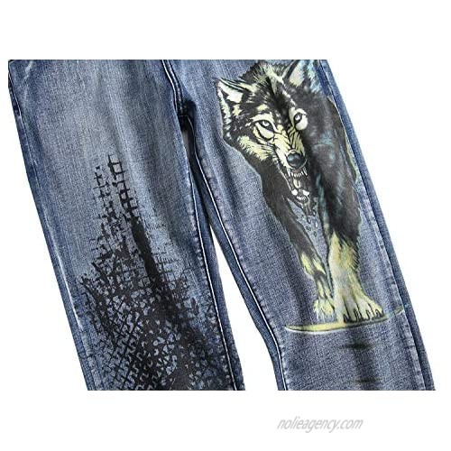 chouyatou Men's Cool Stylish Wolf Pattern Print Regular Fit Distressed Stretch Denim Jeans Pants
