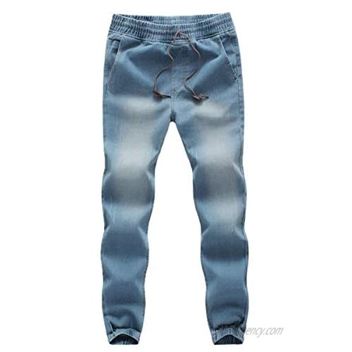 ebossy Men's Drawstring Elastic Wasit Tapered Jogger Jeans Washed Denim Pants