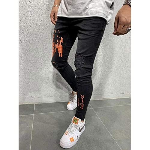 HUNGSON Men's Black Ripped Jeans and Skinny Slim Fit Stretch Straight Leg Fashion Jeans Pants