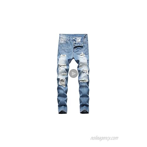 LONGBIDA Men's Ripped Distressed Destroyed Jeans Straight Fit Denim Pants