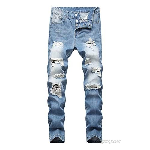 LONGBIDA Men's Ripped Distressed Destroyed Jeans Straight Fit Denim Pants