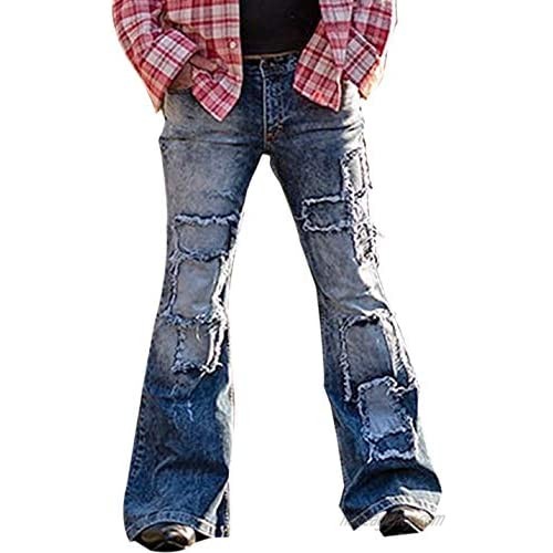 PAODIKUAI Men's Retro Stretch Bell Bottom Jeans Patchwork Flared Leg Denim Jeans