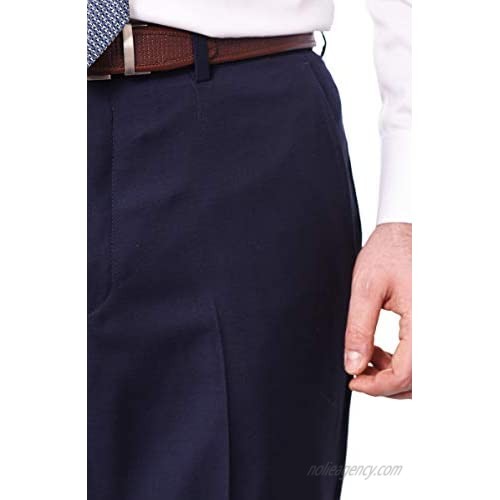 Mens Classic Fit Solid Navy Blue Flat Front Wool Dress Pants