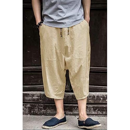 Bbalizko Mens Casual Linen Capri Pants Elastic Waist Wide Leg Baggy Harem 3/4 Pants with Pockets