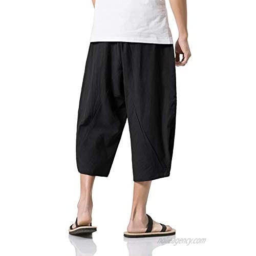 BIYLACLESEN Men's Casual Pants with Pockets Loose Fit Cotton Linen Joggers 3/4 Summer Beach Shorts