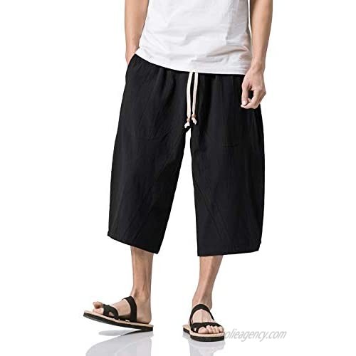 BIYLACLESEN Men's Casual Pants with Pockets Loose Fit Cotton Linen Joggers 3/4 Summer Beach Shorts