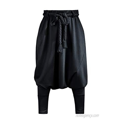ByTheR Mens Loose Avant Garde Black Aladin Harem Baggy Pants with Rope Belt