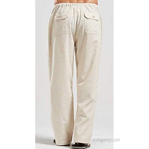 CHARTOU Men's Casual Stretched Drawstring Mid-Waist Loose Fit Lightweight Straight Leg Linen Summer Beach Pant