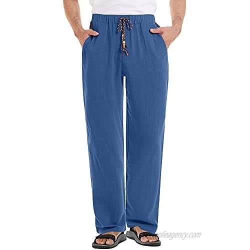 FASKUNOIE Men's Cotton Linen Yoga Pants Loose Fit Beach Elastic Lightweight Pants with Pockets
