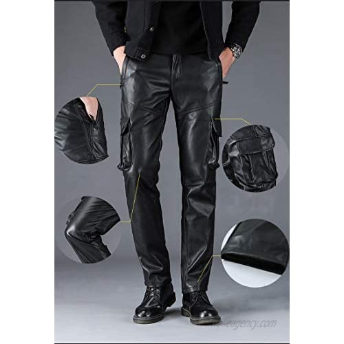 Idopy Men`s Multi Pockets Motorcycle Workwear PU Faux Leather Cargo Pants