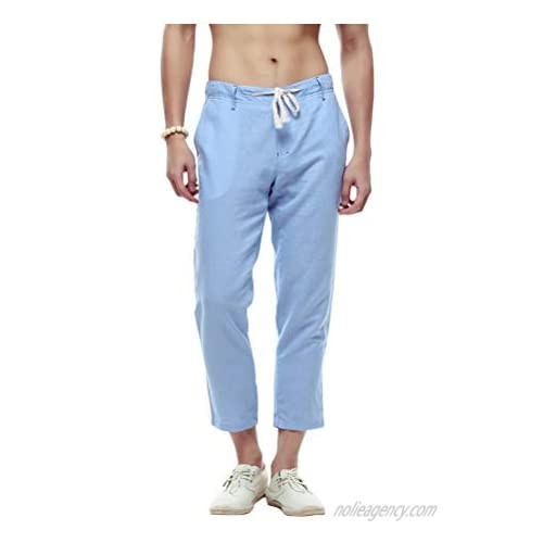 PASOK Men's Casual Drawstring Straight Fit Linen Capri Pants Beach Trousers