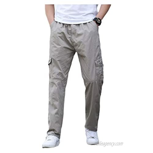 XinnanDe Mens Lightweight Pull On Zip Fly Drawstring Cargo Pants Elastic Waist Relaxed Fit 6 Pockets
