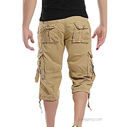 AbelWay Men's Summer Cotton Relaxed Fit Multi Pockets 3/4 Outdoor Wear Casual Twill Cargo Shorts