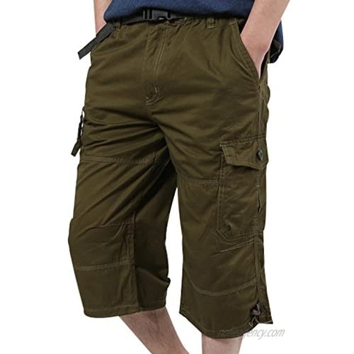 JiaYou Men's Loose Fit Twill Multi Pockets Calf Length Solid Summer Cargo Shorts Capris Pants