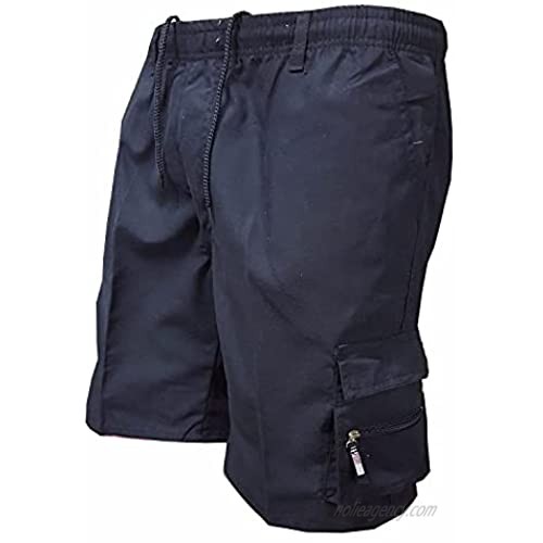 Men's Elastic Waist Drawstring Casual Outdoor Short Cotton Long Cargo Shorts Multi Pockets Durable Baggy Work Short-pant (Navy Blue Small)