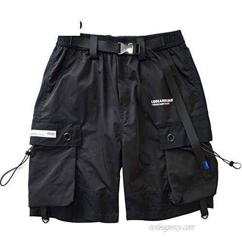 Ribbon Cargo Joggers Baggy Shorts with Belt Streetwear Men Hip Hop Fashion Short Pants Black M