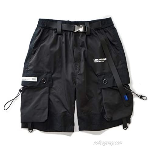 Ribbon Cargo Joggers Baggy Shorts with Belt Streetwear Men Hip Hop Fashion Short Pants Black M