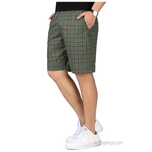 Yimoon Men's Casual Flat Front Elastic Waist Plaid Cotton Shorts