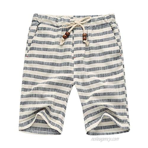 Flygo Men's Summer Casual Linen Drawstring Striped Beach Shorts