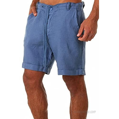 kaimimei Men's Linen Casual Short Elastic Waist Drawstring Lace-up Sports Pants Classic Fit Summer Beach Shorts Blue