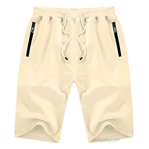 Mens Casual Drawstring Shorts Cotton Elastic Waist Short Workout Pants Beach Shorts with Zipper Pockets Cargo Short
