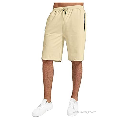 Mens Casual Drawstring Shorts Cotton Elastic Waist Short Workout Pants Beach Shorts with Zipper Pockets Cargo Short