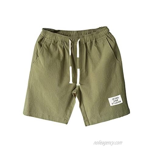WUAI-Men Linen Shorts Casual Classic Fit Elastic Waist Summer Beach Shorts with Pockets
