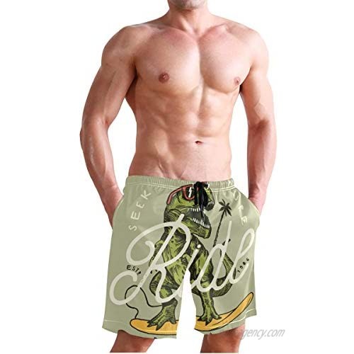 Mens Slim Fit Quick Dry Seek Adventure Ride Wave T-Rex Cream-Colored Swim Shorts Bathing Suits with Mesh Lining