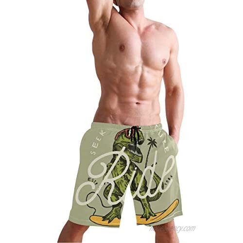 Mens Slim Fit Quick Dry Seek Adventure Ride Wave T-Rex Cream-Colored Swim Shorts Bathing Suits with Mesh Lining