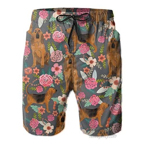 Men's Swim Trunks Bloodhound Dog Fabric Dogs and Florals Quick-Dry Swim Trunk Mens Swim Shorts with Mesh Lining