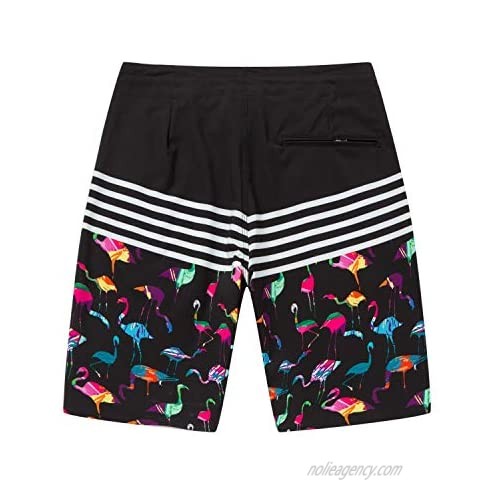 Men's Spandex Hawaiian Beach Board Shorts with Zipped Pocket in Flamingo Party