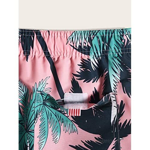 Romwe Men's Tropical Print Board Shorts Drawstring Waist Beach Swim Trunks