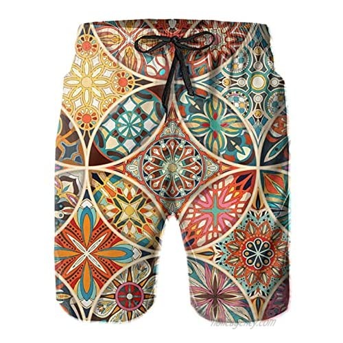 WOWHOO Men Fashion Drawstring Beach Swim Trunks Bandana Mandala Print Board Shorts Swimwear Bathing Suit