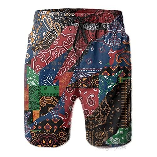 WOWHOO Men's Casual Drawstring Pants Swim Shorts Bandana Print Mandala Board Shorts Swimwear Bathing Suit