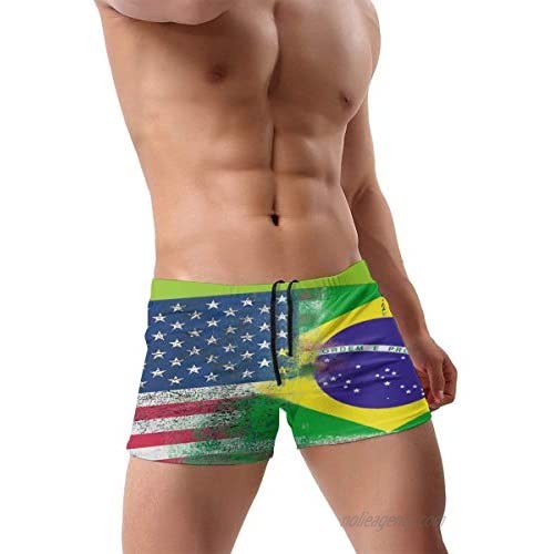 Kimisoy American and Brazilian Flags Mens Swim Brief Square Leg Swimsuit with Adjustable Drawstring Comfy Swim Boxer