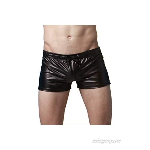Mongous Men's Shiny Faux Leather Boxer Briefs Drawstring Boxers Shorts Swimsuit Trunks Underpants