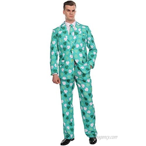 Adult St. Patrick's Day Green Clover Suit with Shamrocks; Party Outfit Includes Pants Suit Jacket Necktie