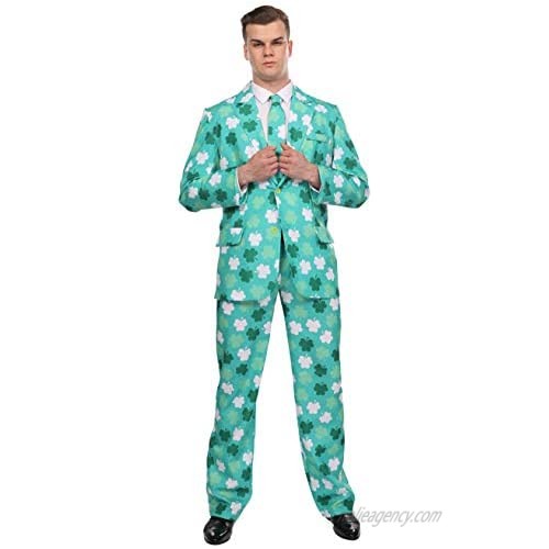 Adult St. Patrick's Day Green Clover Suit with Shamrocks; Party Outfit Includes Pants Suit Jacket Necktie