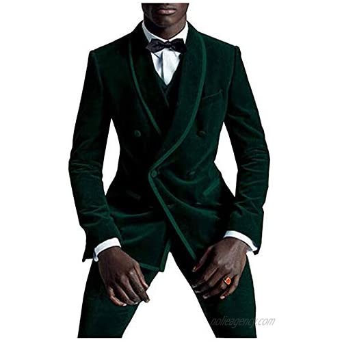 Botong Men's Double Breasted Green Velvet Wedding Suits Shawl Lapel Groom Tuxedos 2 PC Prom Suits