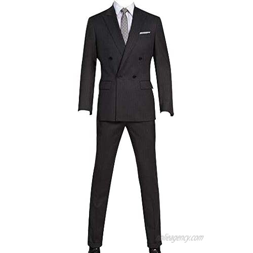 HBDesign Mens 2 Piece 4 Button Slim Fit Double Breasted Black Striped Business Suit