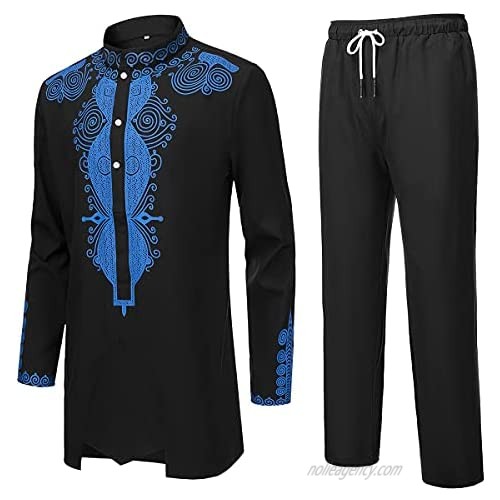 LAXX African Men's 2 Piece Suit Set Traditional Tribal Pattern Gold Print Overshirt Long Sleeve Top and Pants Suit