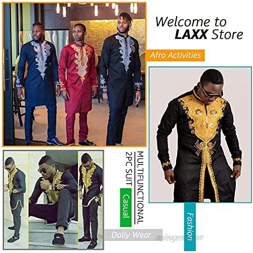 LAXX African Men's 2 Piece Suit Set Traditional Tribal Pattern Gold Print Overshirt Long Sleeve Top and Pants Suit