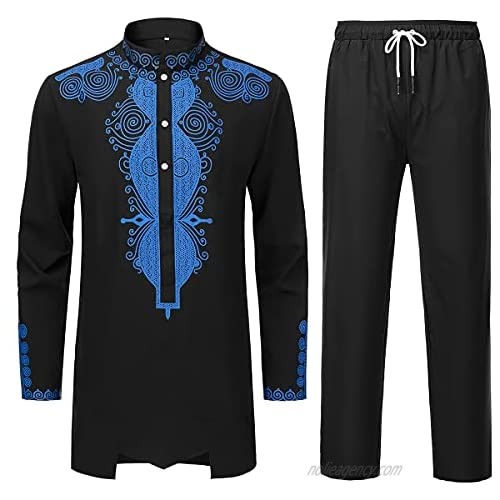 LAXX African Men's 2 Piece Suit Set  Traditional Tribal Pattern Gold Print Overshirt  Long Sleeve Top and Pants Suit