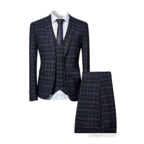 LoveeToo Mens New 3 Piece Slim fit Checked Suit Blue/Black Single Breasted Vintage Suits