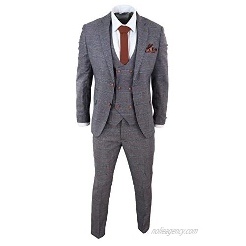 Marc Darcy London Grey Tweed 3 Piece Suit Prince of Wales Check Slimfit Double Breast Waistcoat
